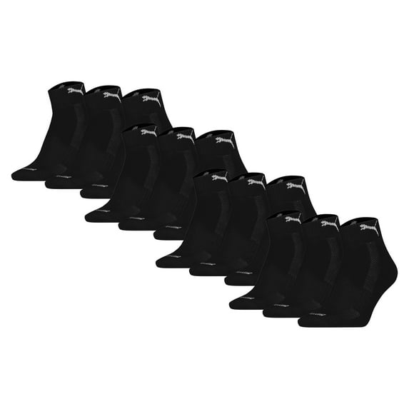 Puma Unisex 12-Pack Cushioned Quarter Socks, Logo, Solid Colour Black 43-46 (9-11 Uk)