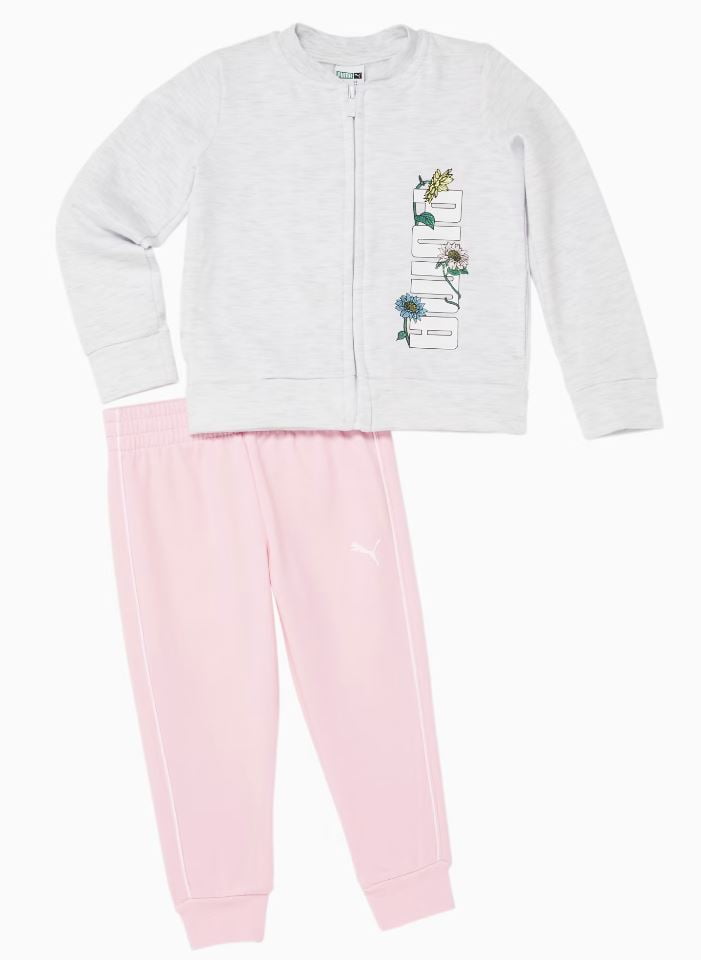 Puma WHITE/PINK Kids Girl 2 Pc. Sportswear Fit Fleece Jacket & Jogger Set, US 4