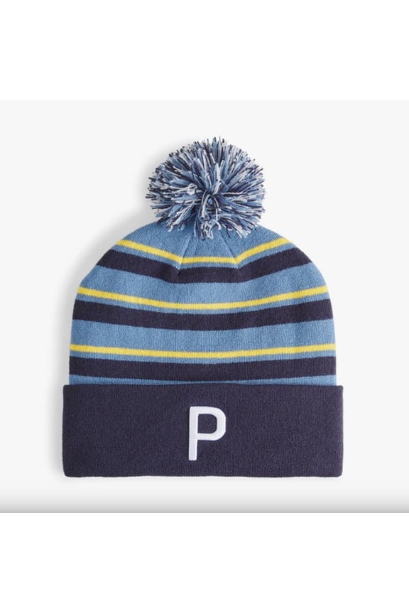 WRMLBL StripePom Beanie Deep Navy/Blue Horizon/Pele' Yellow Fits All
