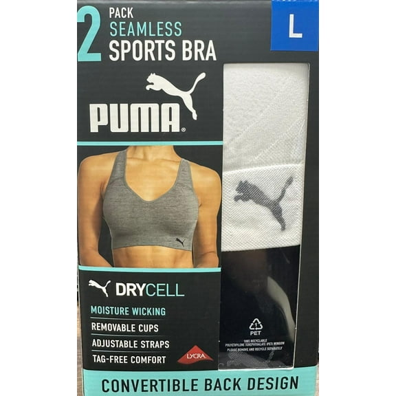 Puma Women's Convertible Seamless Sports Bra 2 Pack, Black/White, L