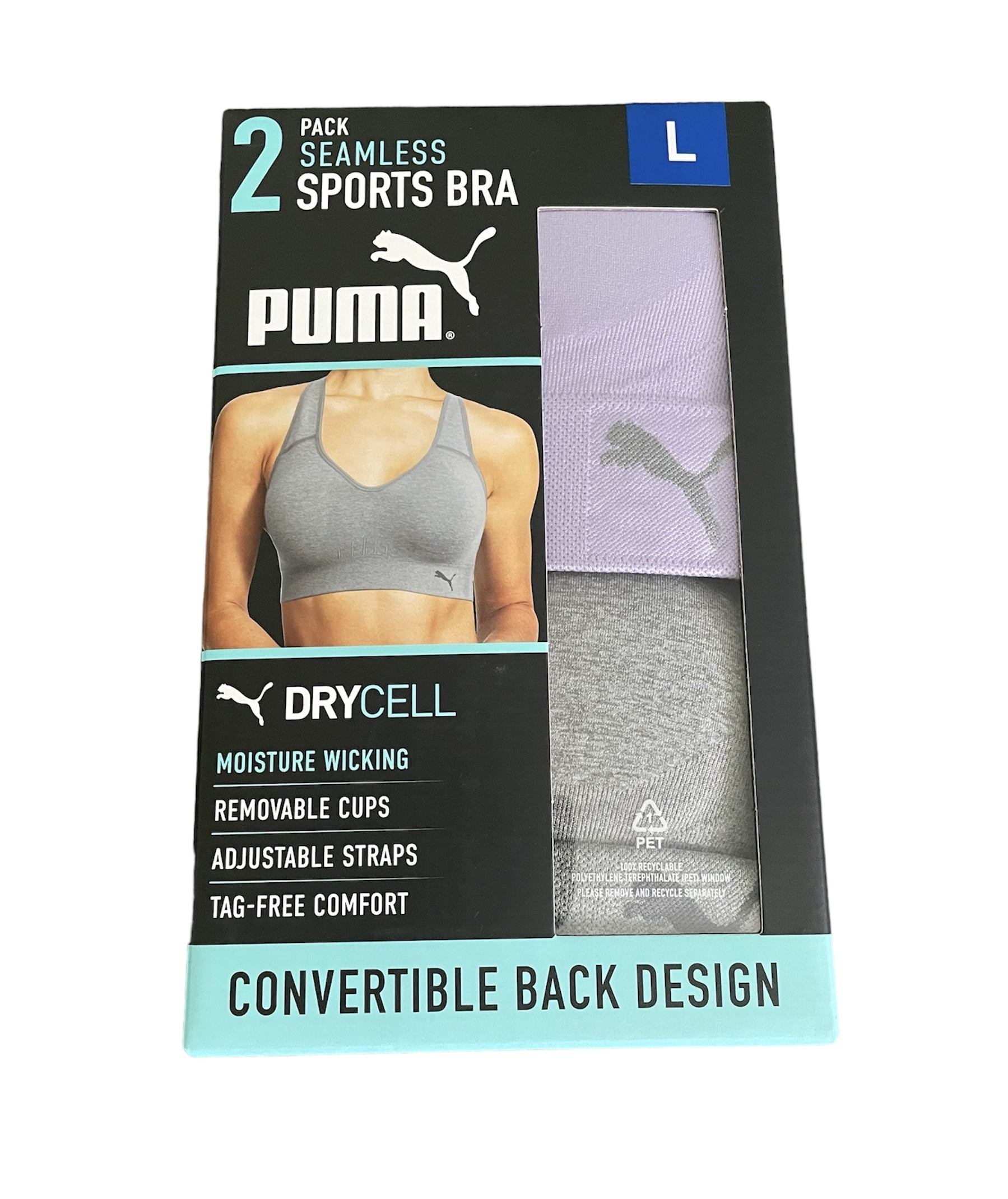 Puma Women's Convertible Seamless Sports Bra 2 Pack, Gray/Lavender Large