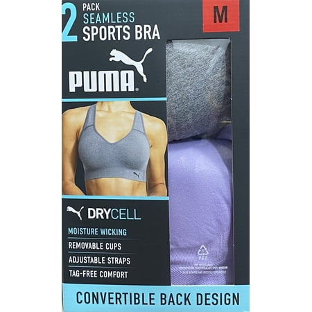 Puma Women's Convertible Seamless Sports Bra 2 Pack, Gray/Lavender Medium