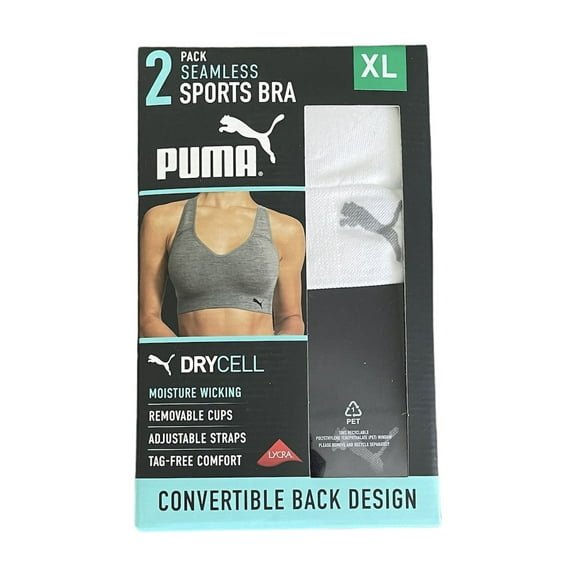 Puma Women's Convertible Seamless Sports Bra 2 Pack, White/Black X-Large