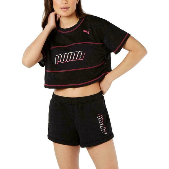 Puma Women's Modern Sports Cotton Mesh Colorblocked Cropped T-Shirt Black Size Large