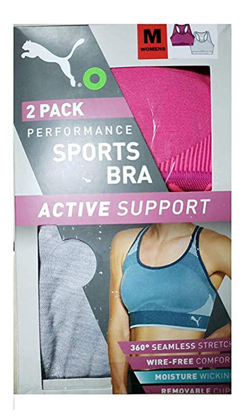 Puma Women's Performance Sports Bra 2-Pack in Pink/ Grey, M 