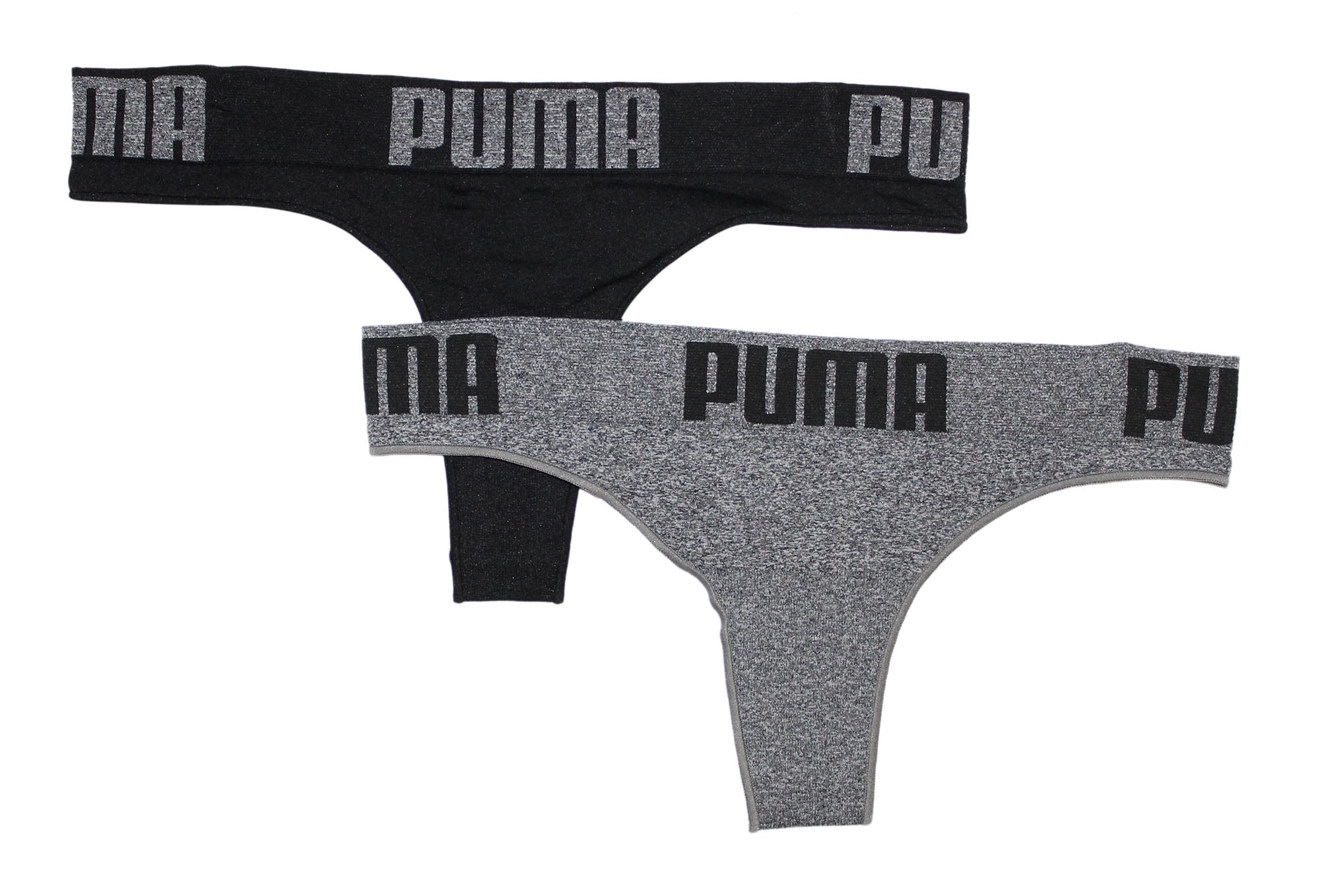 Puma Womens Seamless Big Logo Soft Sport Stretch Thong Panty, Grey/Black, L
