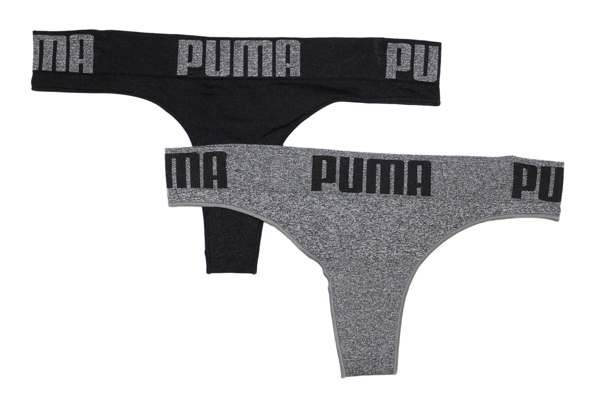 Puma Womens Seamless Big Logo Soft Sport Stretch Thong Panty, Grey/Black, L  