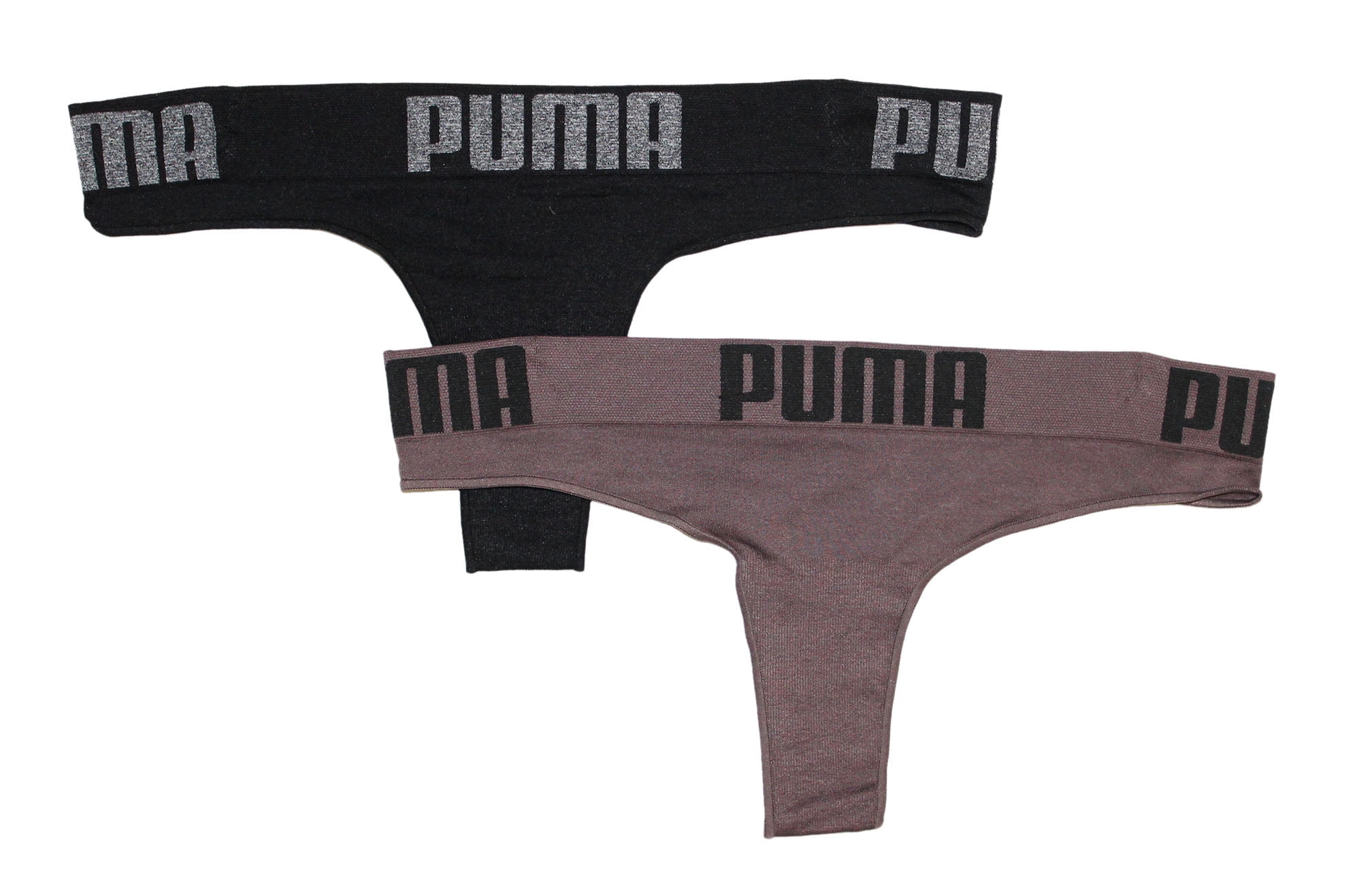 Puma Womens Seamless Big Logo Soft Sport Stretch Thong Panty, Grey/Black, L  