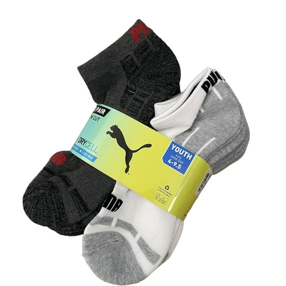 Puma Youth - Low Cut , Dry Cell, No-Show Socks - Multi Color - Black, White, Gray For Bigger Kids- Value Pack 10 Pairs - Shoe Size 4- 9.5