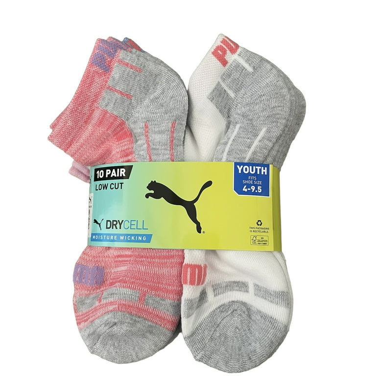 Puma Youth Low Cut Dry Cell No Show Socks Multi Color For Bigger Kids Value Pack 10 Pairs Shoe Size 4 9.5