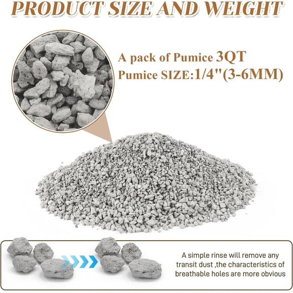 Pumice for Plants, 3 quarts (1/4 inch) Horticultural Floating Rocks, Natural Soil Amendment for Succulents, Cacti, and Other Potted Plants, Improves Drainage and Aeration for Orchid Mixes