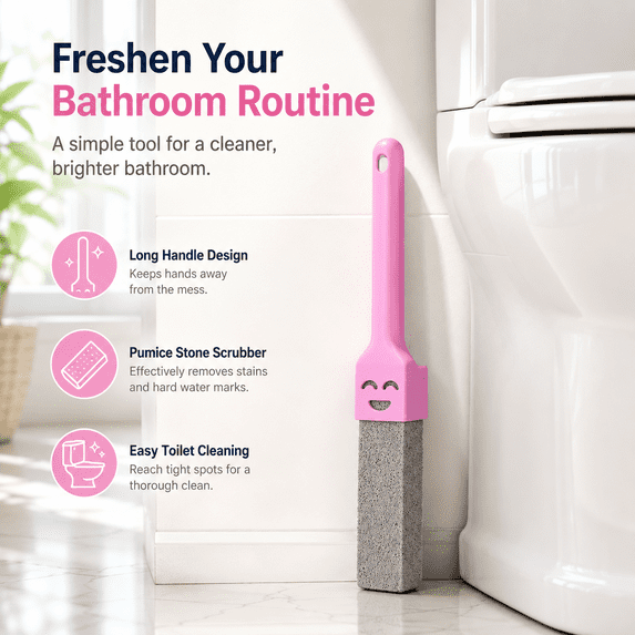 Pumice Stone Toilet Cleaner with Long Handle, Extended-Reach Bowl Ring Scrubber for Hard Water Marks, Bathroom Cleaning Brush for Porcelain Toilets and Compatible Pool Surfaces, B