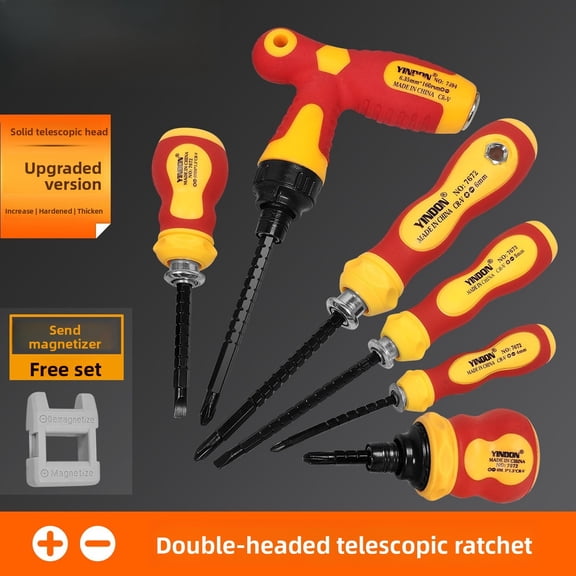 Pumier 6pcs Magnetic Ratcheting Screwdriver Set, Retractable Phillips Slotted Dual-Use, Carbon Steel Heavy Duty for Home Repair DIY