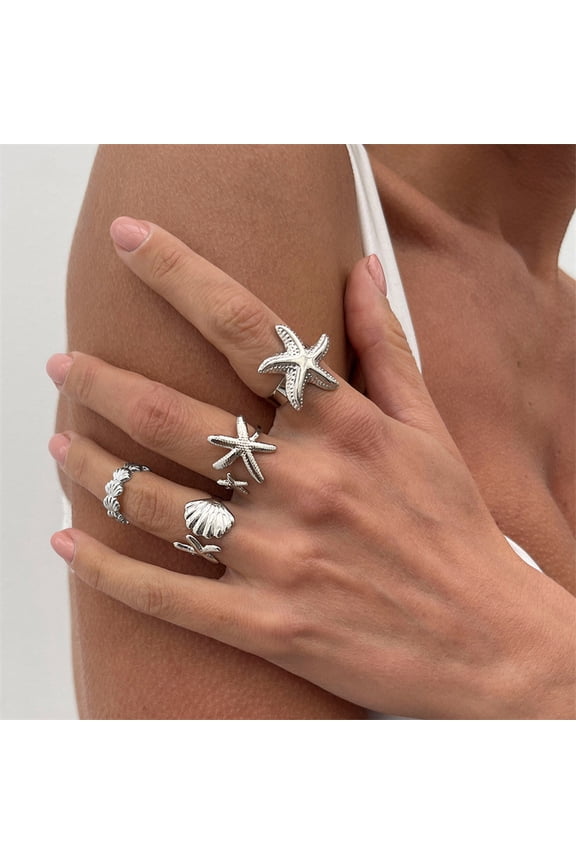 Bohemian Ring Set for Women, Starfish and Sun Beach Jewelry - Adjustable Stackable Rings, Unique Summer Vacation Nautical Accessories