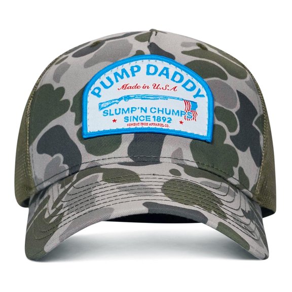 Combat Iron Men’s Mesh Back Snapback Hat – Pump Daddy “Slump’n Chumps” Patch, Marsh Duck Camo/Green
