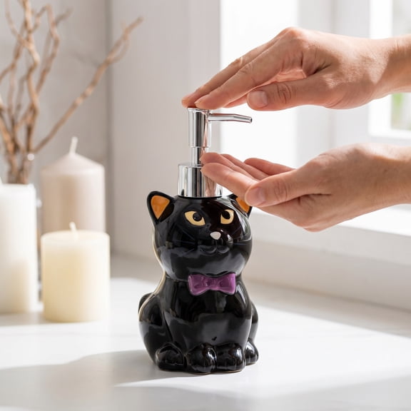 Pump Dispenser, Halloween Bathroom Decor, Cat Dispenser, Kitchen Countertop Decor, 7X4 Inch Ceramic Black Cat Shape Lotion Pump Dispenser, Glossy Finish for Seasonal Home
