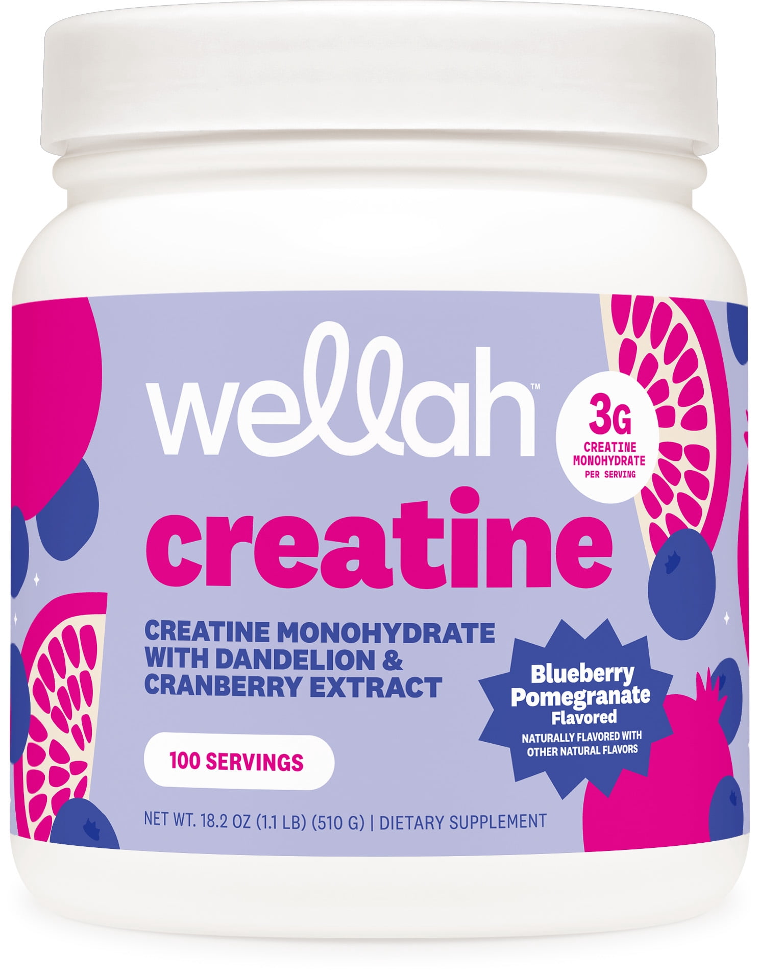 Wellah Creatine for Women (100 Servings, Blueberry Pomegranate) - Creatine Monohydrate with Dandelion & Cranberry Extract