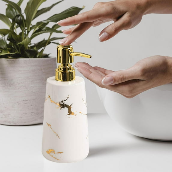 Pump Soap Dispenser Leakproof Marble Pattern Ceramic for Hotel Kitchen Home White