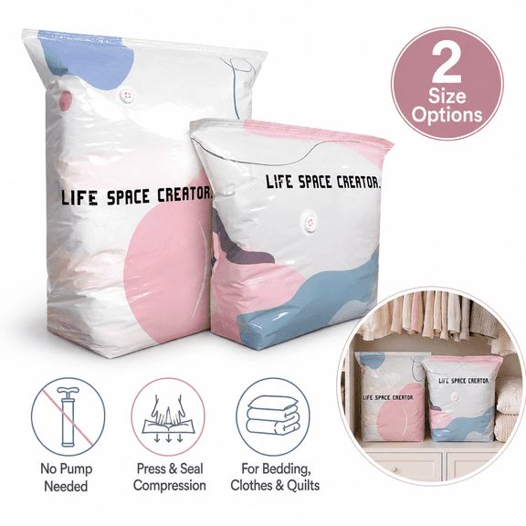 No Pump Vacuum Storage Bags, Press & Seal Cube Storage Bags for Clothes Bedding Quilts, Moisture & Dust Protection, Space Saving Organizer for Closet Travel Moving (L+L)