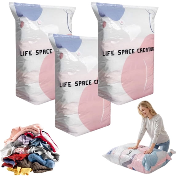 No Pump Vacuum Storage Bags – Press & Seal, No Pump Needed. Large Storage Compression Bags for Clothes, Comforters, Blankets, Bedding, Travel Home Organization(3Pcs,L)