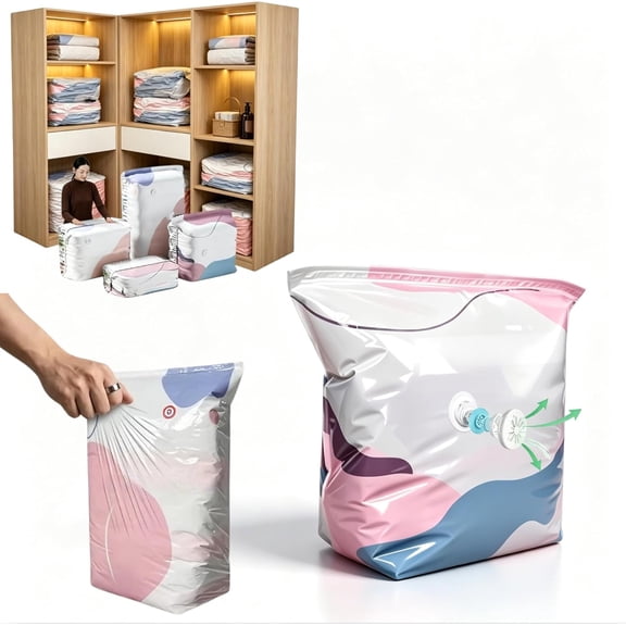 No Pump Vacuum Storage Bags, Space-Saving No-Pump 3D Vacuum Storage Bags, Heavy-Duty Large Capacity Pump-Free 3-Sec Fast Compression Bag with Press & Seal for Clothes, Blankets (1PC M)