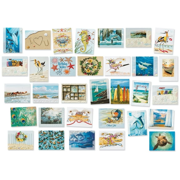 Pumpernickel Press Embossed Greeting Cards Boxed Assortment Petite Coastal, 32 Count