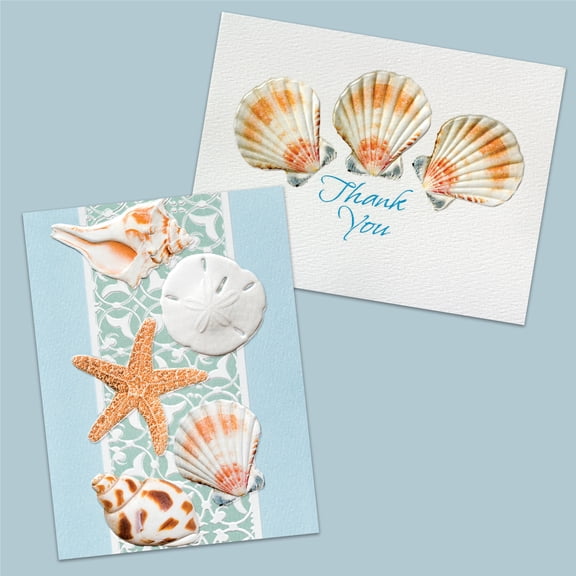 Pumpernickel Press Embossed Small/Petite Blank Note Card Set - Shells Serene, 18 Count. Made in USA