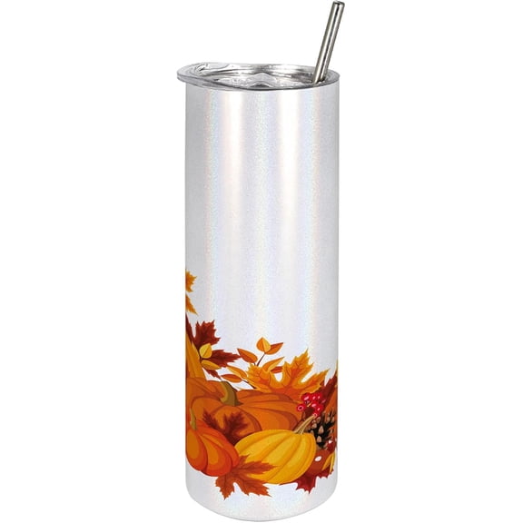Pumpkin 20 Oz Skinny Tumbler, Autumn Leaves and Fruits on Fall Season Arrangement Pine Cone Cranberries, Leak-Proof Straw Lid and Brush Vacuum Insulated for Outdoor Use, Orange Brown Yellow