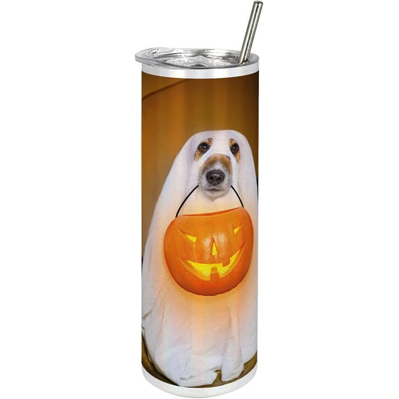 Pumpkin 20 Oz Skinny Tumbler, Ghost Dog at the Door with a Jack O Lantern Trick Or Treating Spooky Image, Leak-Proof Straw Lid and Brush Vacuum Insulated for Outdoor Use, Orange White Brown