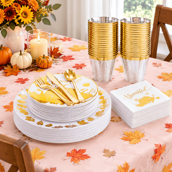 Pumpkin 25 Guests Thanksgiving Disposable Plastic Dinnerware Party Set