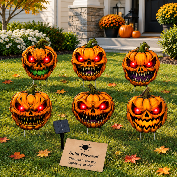 Pumpkin 6-Pack Plastic Outdoor Yard Signs with Solar Red Glowing String Lights