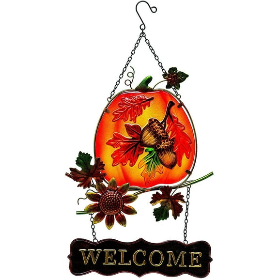 Pumpkin/Acorn Welcome Sign Glass Suncatcher Fall Harvest Thanksgiving Decor Indoor Outdoor 20"x11" (Acorn)