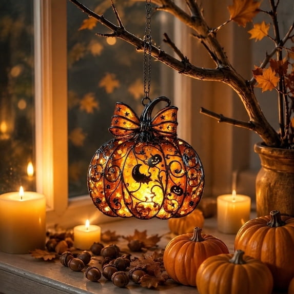Pumpkin Acrylic Suncatcher Halloween Decorations – 20cm Acrylic Hanging Window Ornament – Stained Glass Style Spooky Pumpkin Pendant for Indoor Outdoor Halloween Decor