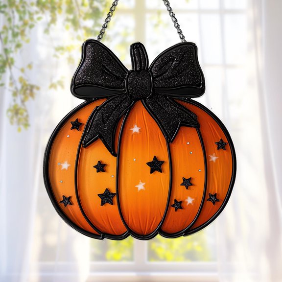 Pumpkin Acrylic Suncatcher Window Hanging Fall Decoration Black Bow Stars Ornament
