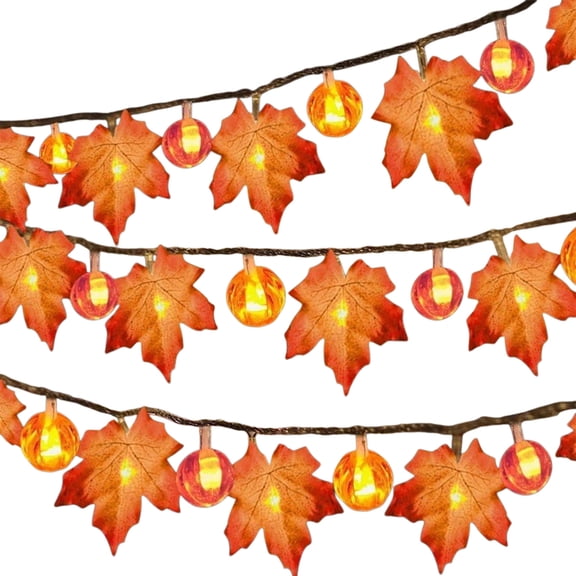 Pumpkin And Maple Leaf String Lights With Ten LED Lights And Acrylic Pumpkin Accents For Mantel, Window, Stair Rail And Seasonal Room Displays