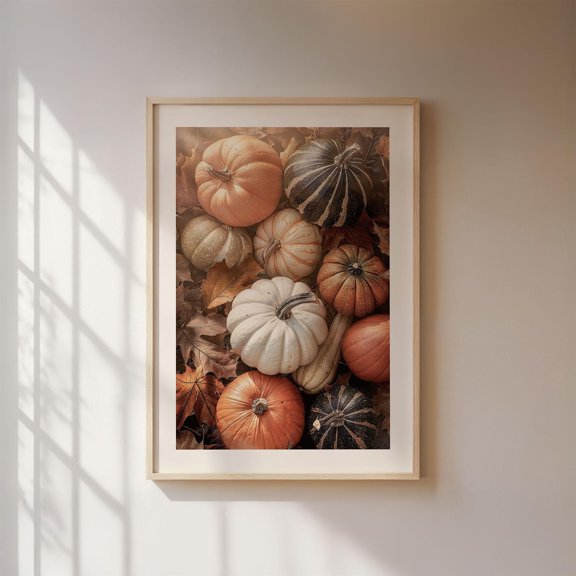 Pumpkin Autumnal Photography Of Pumpkins On Colorful Autumn Leaves Autumn Decoration Decorative Wall Art Poster , Poster Print Only
