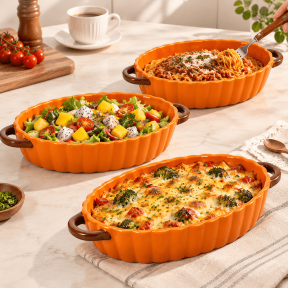 Pumpkin Baking Dish Set Of 3 Ceramic 10''/12''/14"