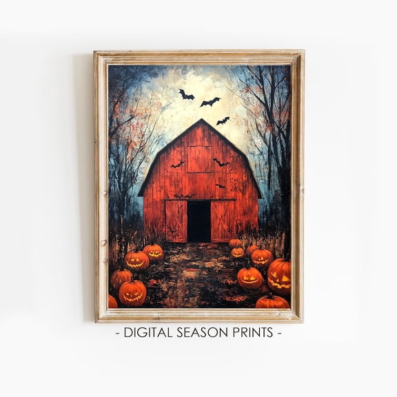Pumpkin Barn Wall Art Rustic Halloween Farmhouse Scene With Bats