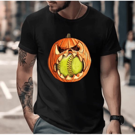 Pumpkin Baseball Face Funny Retro Sports Fan Spooky Halloween Quote Unisex T-Shirt, for men & women, up to size 5XL