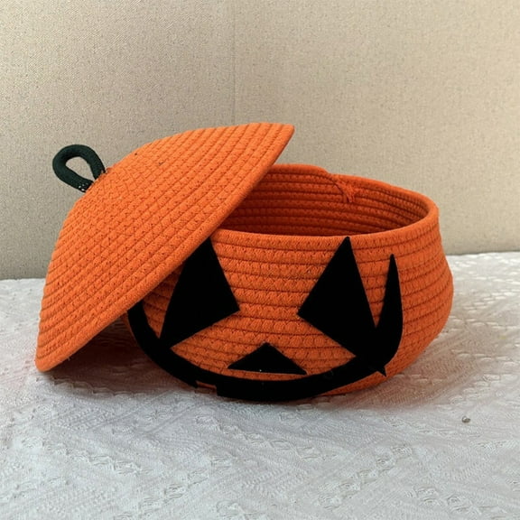 Pumpkin Basket with Lid for Halloween, Woven Storage Basket Pumpkin Design, Candy Basket Decorative Cute Basket, Orange Woven Rope Basket, for Christmas Decor, 11*9.84in