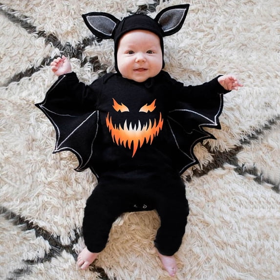 Pumpkin Bat Halloween Baby Cost-ume Black Winged Romper with Scary Jack Print for , 6-9 Months