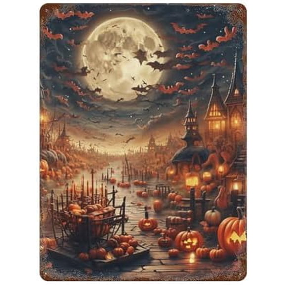 Pumpkin Bat Halloween Novelty Metal Tin Sign Painting Vertical Vintage Plaque Wall Art Decor Hanging Artwork Poster 8x12 Inch