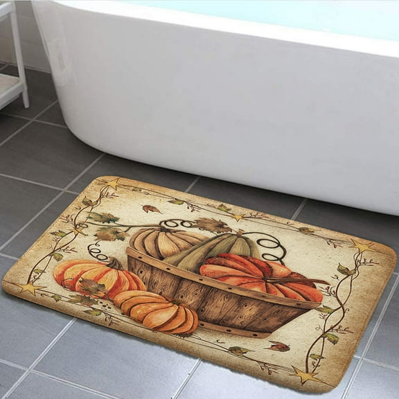 Pumpkin Bath Mat, Autumn Fall Thanksgiving Bathroom Rugs Soft Flannel Bath Mats Bathroom Decor Warm Floor Mat Living Room Bedroom Rugs, 24x16 Inches