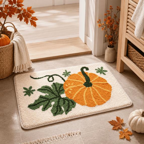 Pumpkin Bath Mat, Fall Decor Absorbent Bath Mat Halloween Pumpkin Vintage Truck Doormat Non Slide Washable Bathroom Floor Rug 15x23 Inch Multicolor