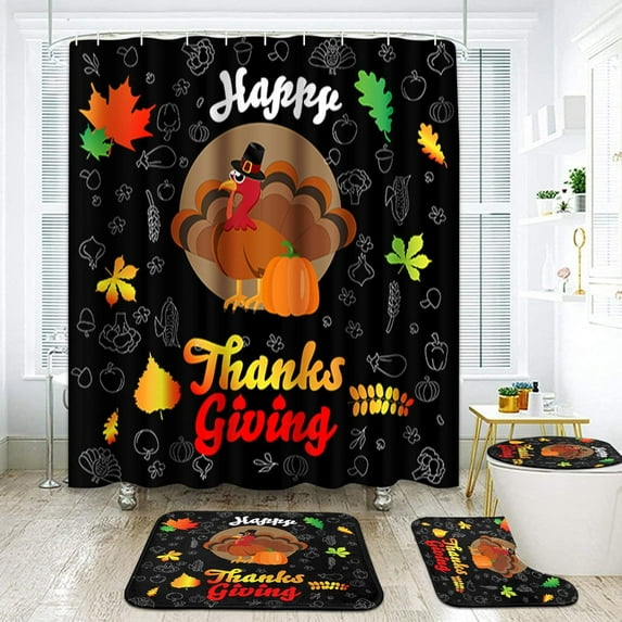 Pumpkin Bathroom Set with Shower Curtain and Rugs Accessories, Pumpkin Thanksgiving Day Shower Curtain Set, Maple Shower Curtain for Bathroom Fall Bathroom Decor 4 Pcs