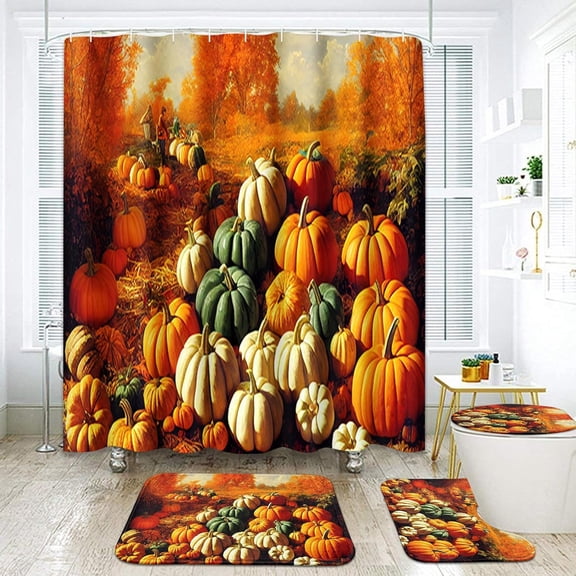 Pumpkin Bathroom Sets with Shower Curtain and Rugs and Accessories,Autumn Fall Halloween Shower Curtain Sets, Thanksgiving Vintage Orange Shower Curtains for Bathroom Decor 4 Pcs