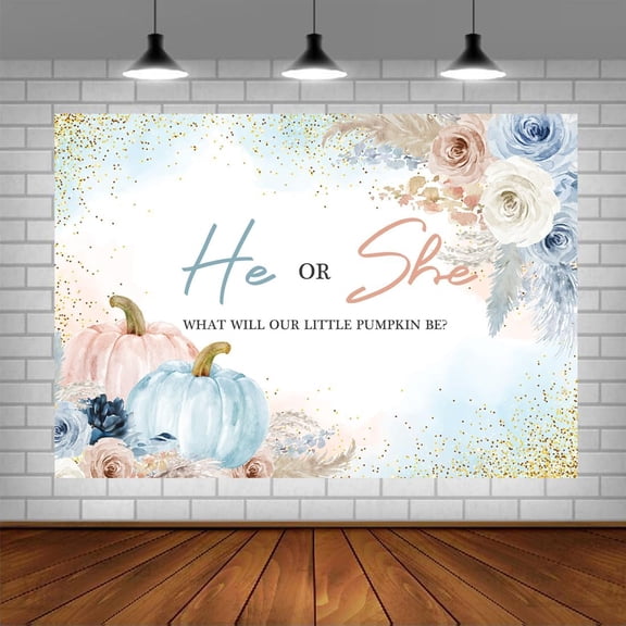 Pumpkin He or She Beautiful Backdrop Fall Blue or Pink Baby Shower Background Autumn What Will Our Little Pumpkin Be Gender Reveal Party Decor Cake Table Banner Photo Booth Props