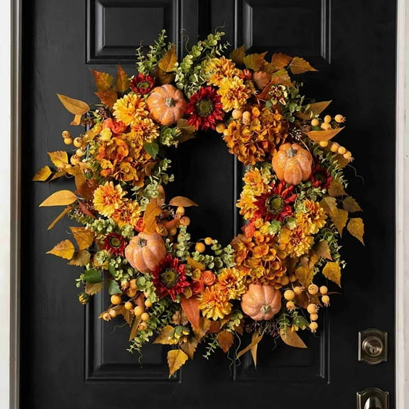 Pumpkin Berry Hydrangea Wreath, Autumn Harvest Door Decoration, Fall Garland for Home and Holiday Scene Décor