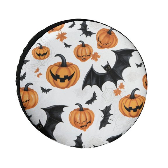 Pumpkin Black Bat Heavy Duty Spare Tire Cover Vintage Halloween Wheel Tire Covers for Travel Trailers Protectors Weatherproof Dust-Proof Fit for Trailers SUV Off-Road Vehicle Camper And Trucks 12inch