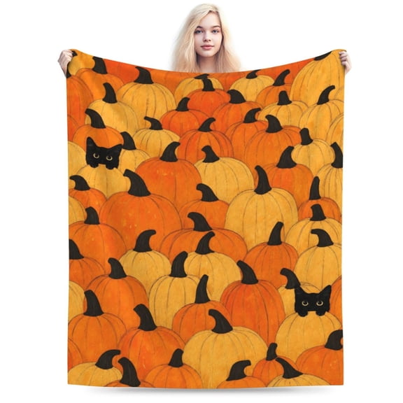 Pumpkin Black Cat Gifts Blanket for Women Mom Friends Birthday Christmas Valentines Ideas Presents Decor Home Bedroom Sofa Cozy Plush Flannel Throw 50x40